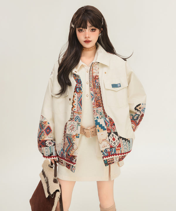 Jacquard Splicing Faux Leather Jacket